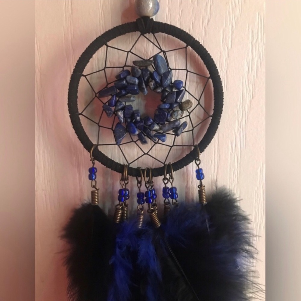 Blue Feather Dreamcatcher Wall Decor, All natural stone and feathers
